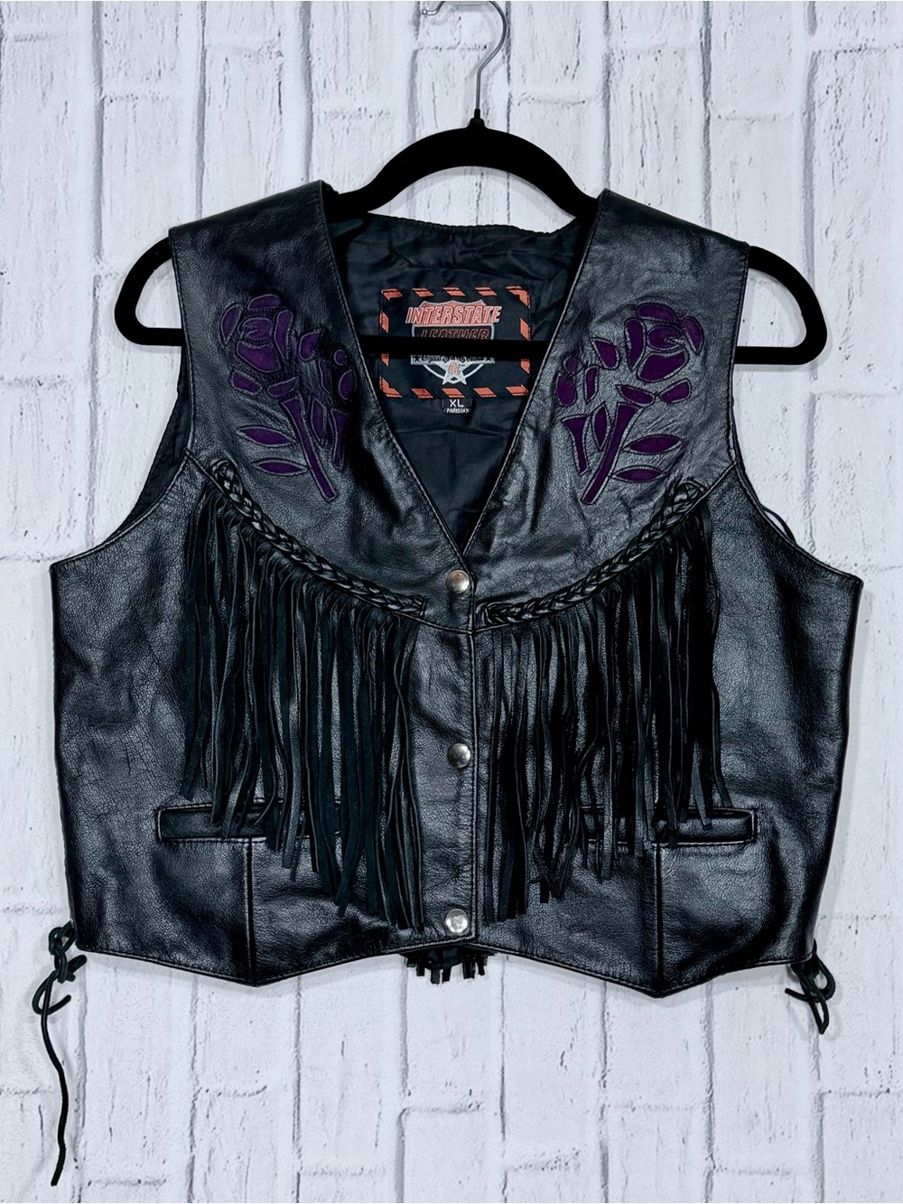 🥀 Interstate Leather Black Fringe Rose Leather Biker Vest XL Western Moto